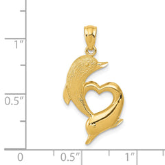 14K Gold Diamond-Cut Dolphins Heart Pendant with Satin and Polished Finish