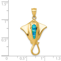14K Gold Polished Stingray Pendant with Created Blue Opal