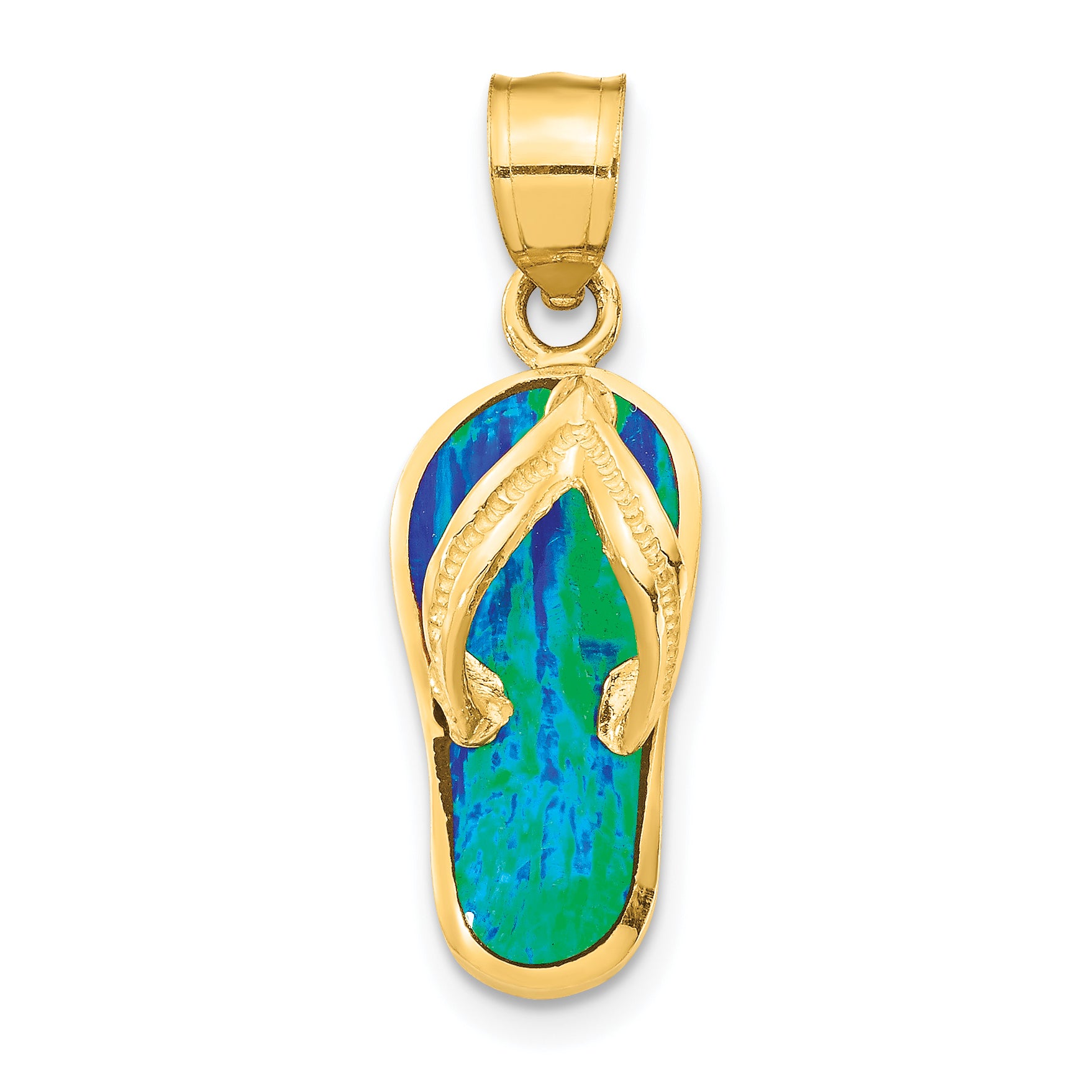 14k Polished 3D w/Created Blue Opal Flip Flop Pendant