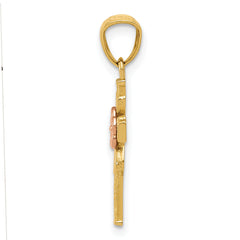 14K Two-Tone Gold Cross Pendant with Flower Design and Polished Finish