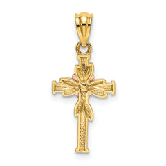 14K Two-Tone Gold Cross Pendant with Flower Design and Polished Finish