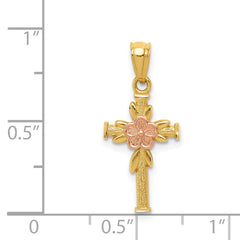 14K Two-Tone Gold Cross Pendant with Flower Design and Polished Finish