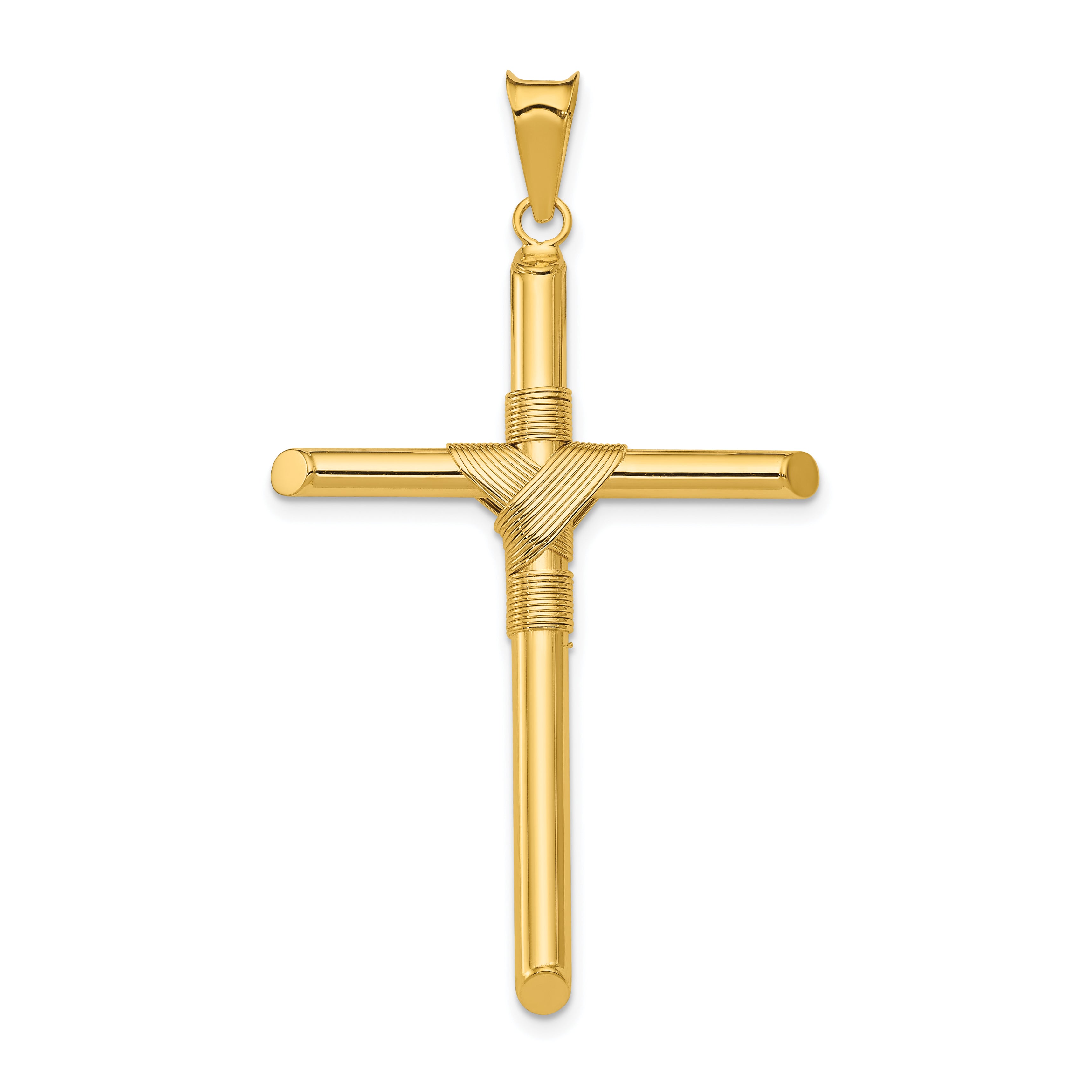 14K Polished w/Center Wrap Tube Cross Pendant