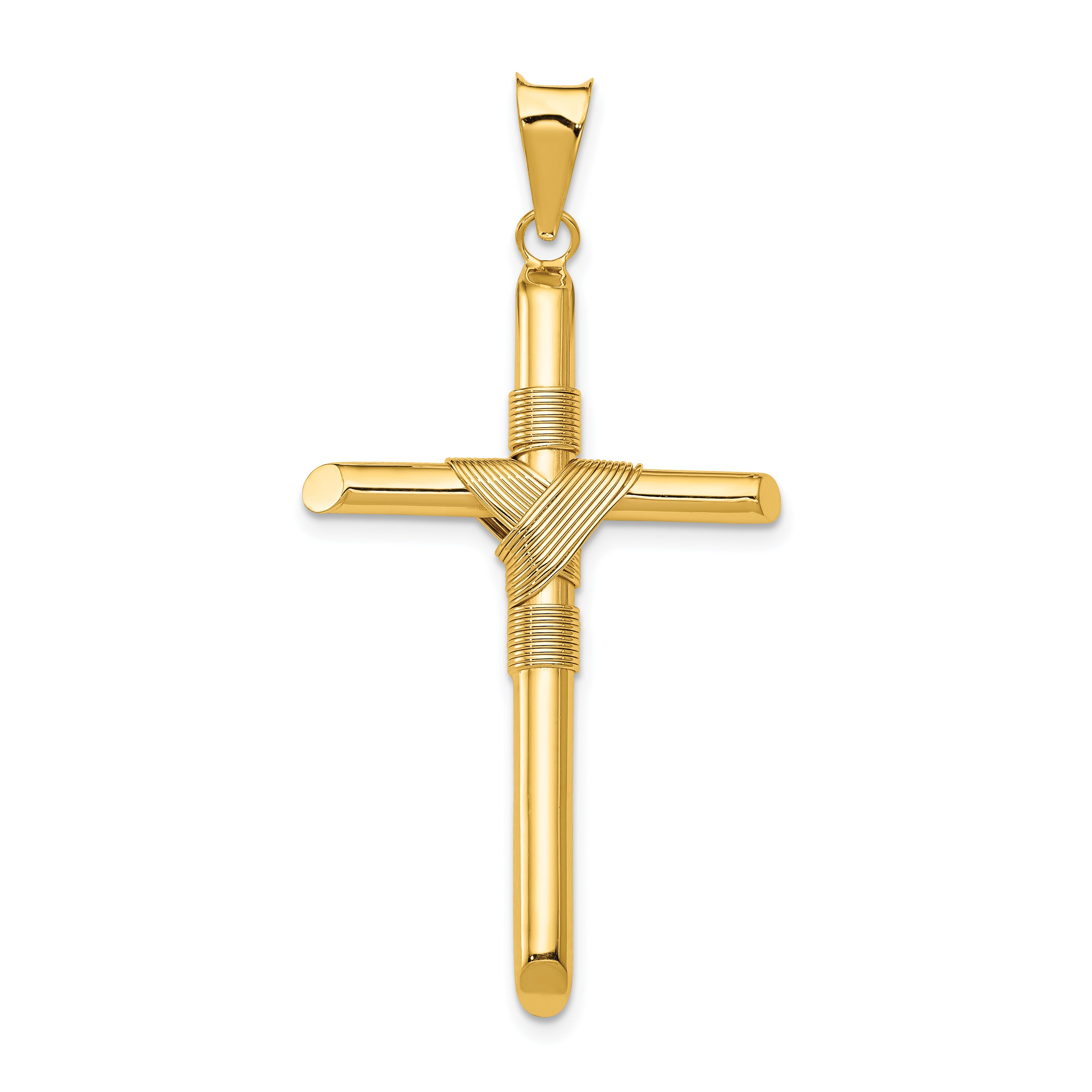 14K Polished w/Center Wrap Tube Cross Pendant