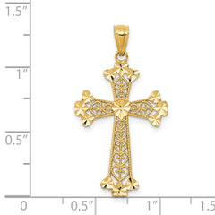 14K Gold Diamond-Cut Polished Filigree Cross Pendant with Hearts, Reversible