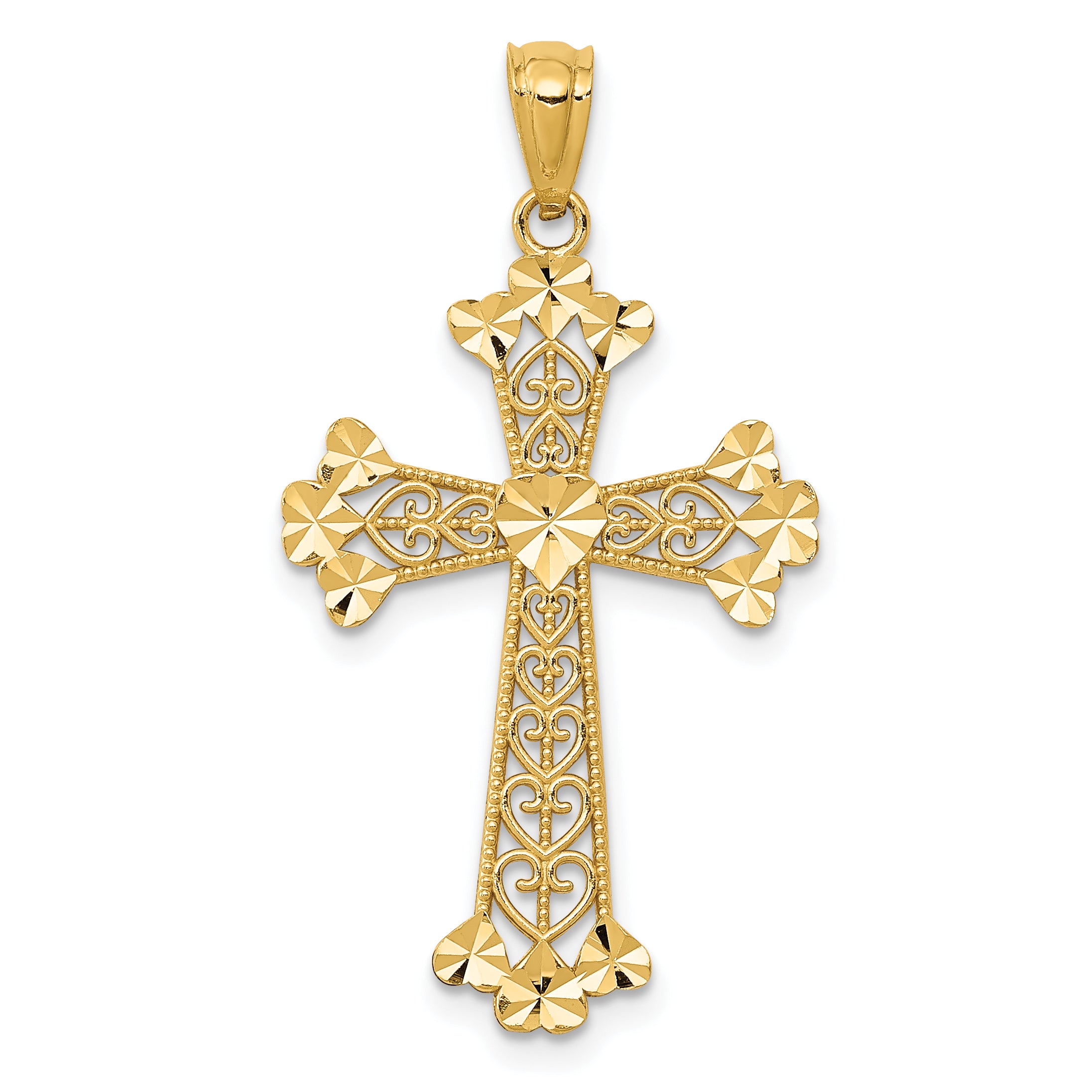 14k Diamond-cut Polished Filigree Hearts Cross Pendant