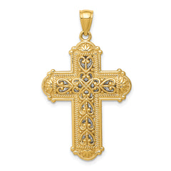 14K Gold Reversible Diamond-Cut Filigree Cross Pendant with Rhodium Accents