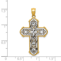 14K Gold Reversible Diamond-Cut Filigree Cross Pendant with Rhodium Accents