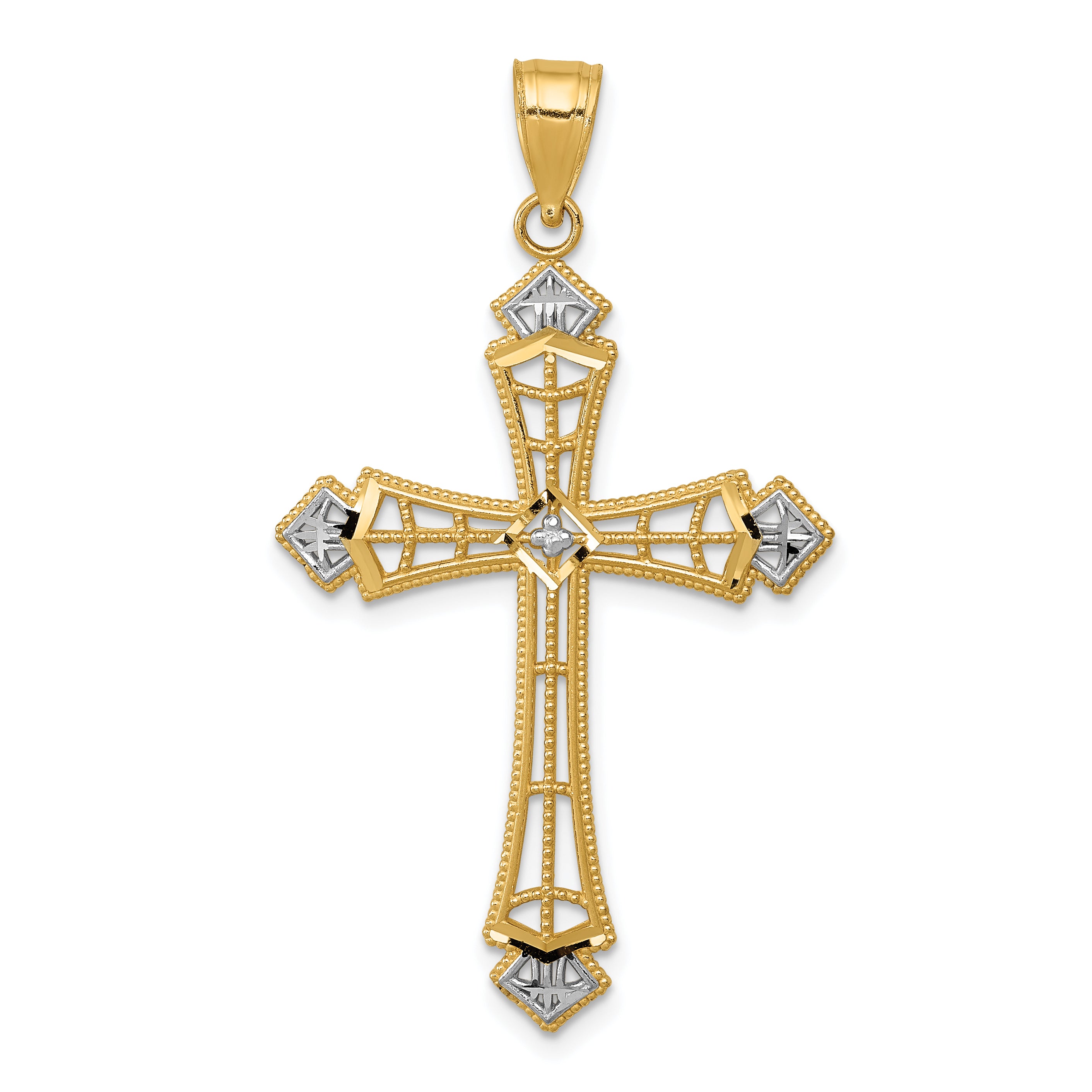 14k w/Rhodium Diamond-cut Cross Pendant