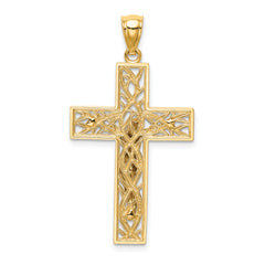 14K Two-Tone Gold Crucifix Pendant with Polished Satin Finish and Vine Detail