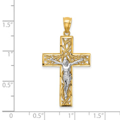 14K Two-Tone Gold Crucifix Pendant with Polished Satin Finish and Vine Detail