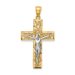 14K Two-Tone Satin Polished D/C Crucifix W/Vines Pendant