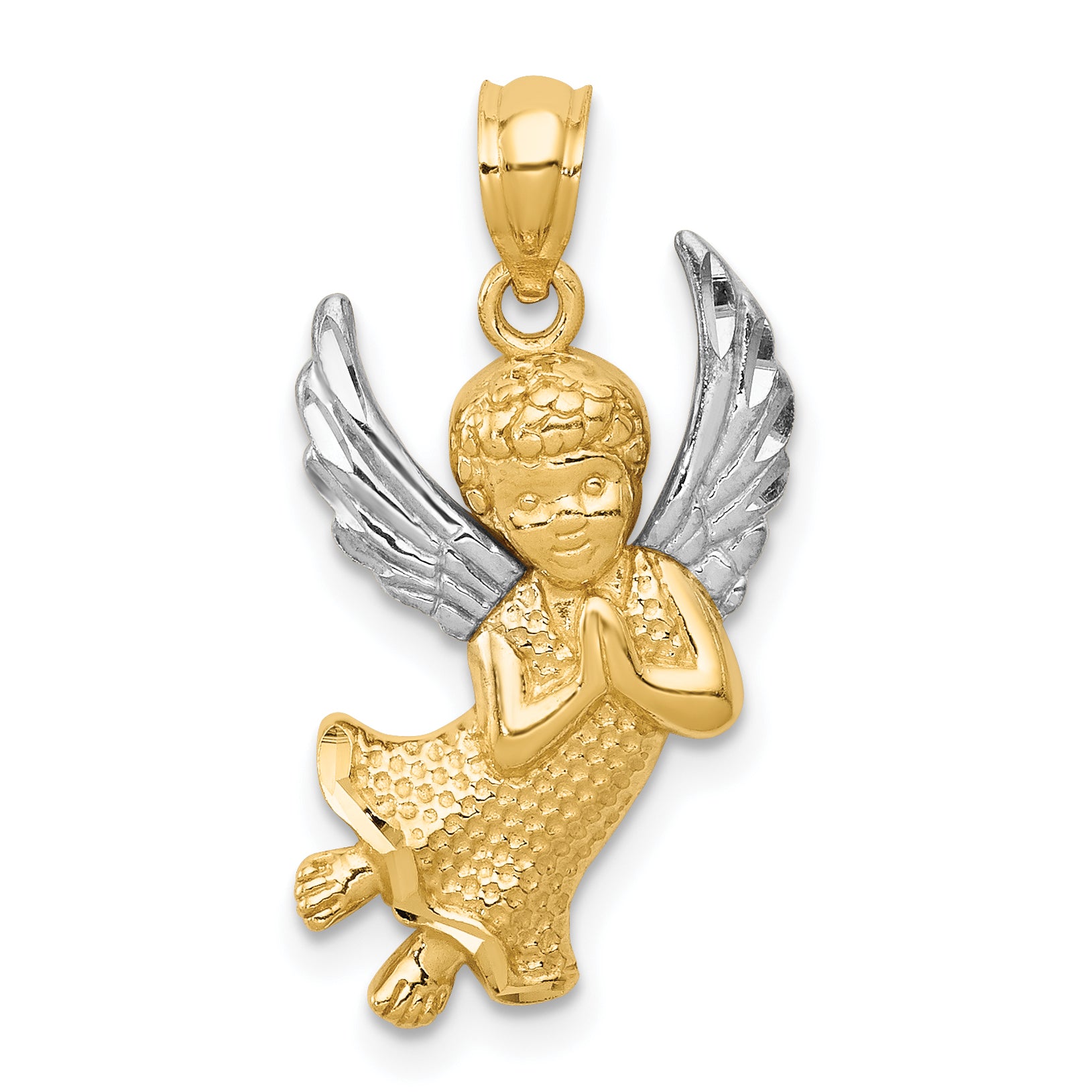 14k w/Rhodium Diamond-cut Praying Angel Pendant