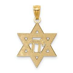 14K Gold Star of David with Chai Pendant, Rhodium Accents, Polished Finish