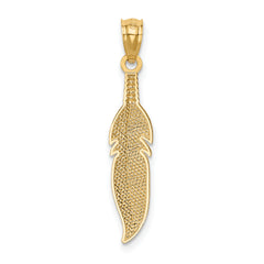 14K Gold Polished Feather Pendant Unisex, Solid, Textured Design