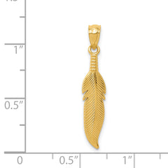 14K Gold Polished Feather Pendant Unisex, Solid, Textured Design