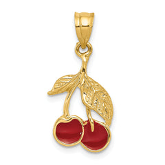 14K Gold Polished Red Enameled Cherries Pendant Elegant and Playful Charm