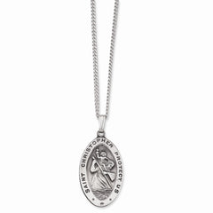 24in Rhodium-Plated Large Oval St. Christopher Medal Necklace for Unisex