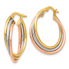 14K Tri-Color Gold Textured Twisted Hoop Earrings with Polished Finish