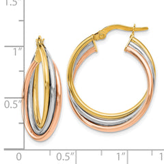 14K Tri-Color Gold Textured Twisted Hoop Earrings with Polished Finish