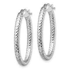 14K White Gold Polished & Textured Hoop Earrings, Lightweight & Elegant