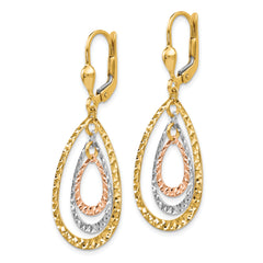 14K Tri-Color Gold Leverback Drop Earrings with Polished Textured Finish
