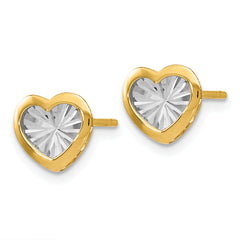 14K Gold and White Rhodium Heart Earrings with Polished Diamond-Cut Finish