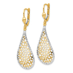 14K Gold & White Rhodium Diamond-Cut Leverback Earrings Polished, Laser Cut, Elegant Design