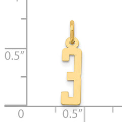 14K Gold Polished Elongated Number 3 Charm Laser Cut, Small