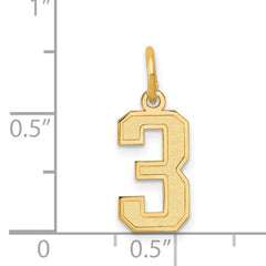 14K Gold Satin Number 3 Charm Elegant Brushed Finish, Laser Cut