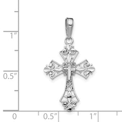 14K White Gold Filigree Cross Charm with Rhodium Finish, Reversible Design