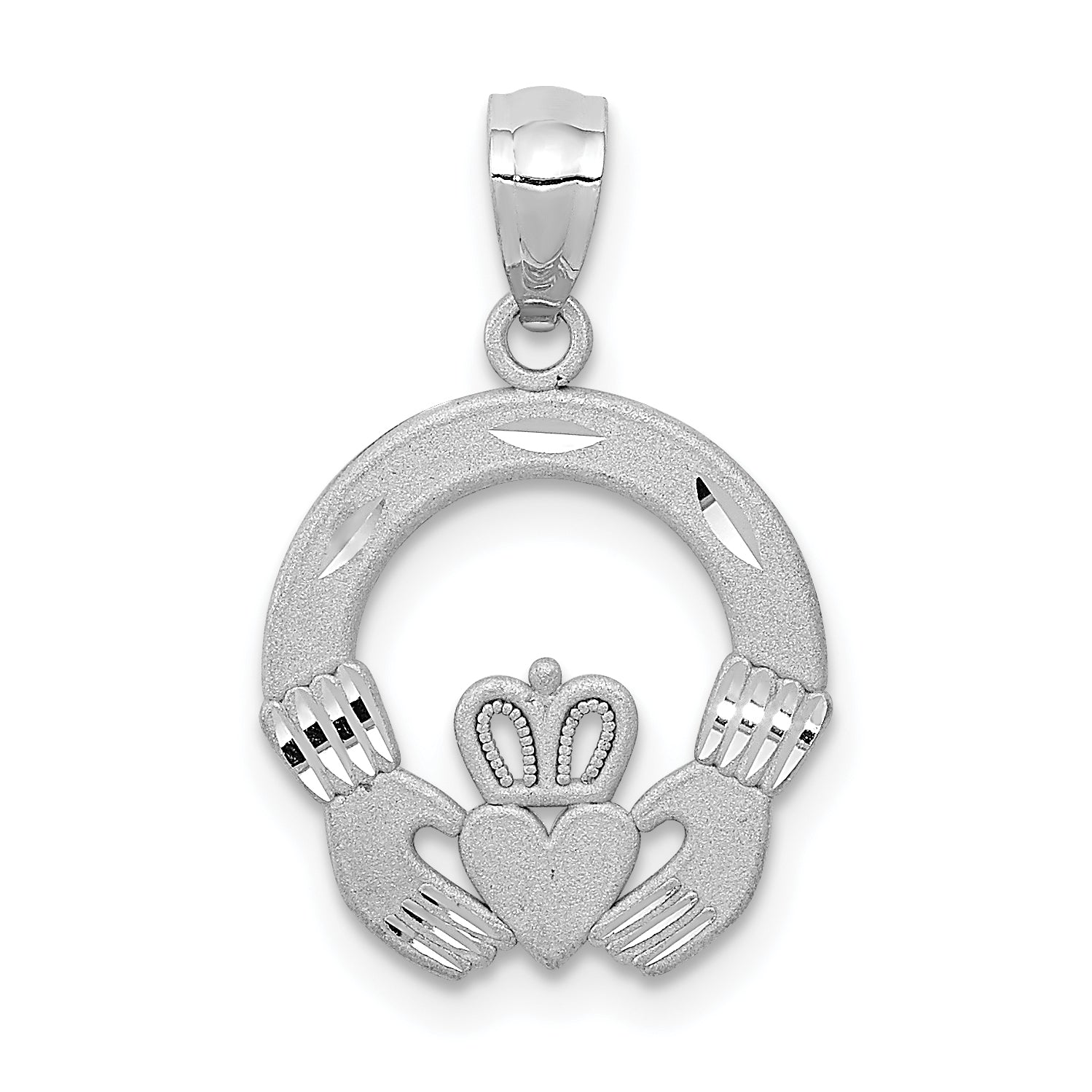 14k White Gold Solid D/C Claddagh Pendant