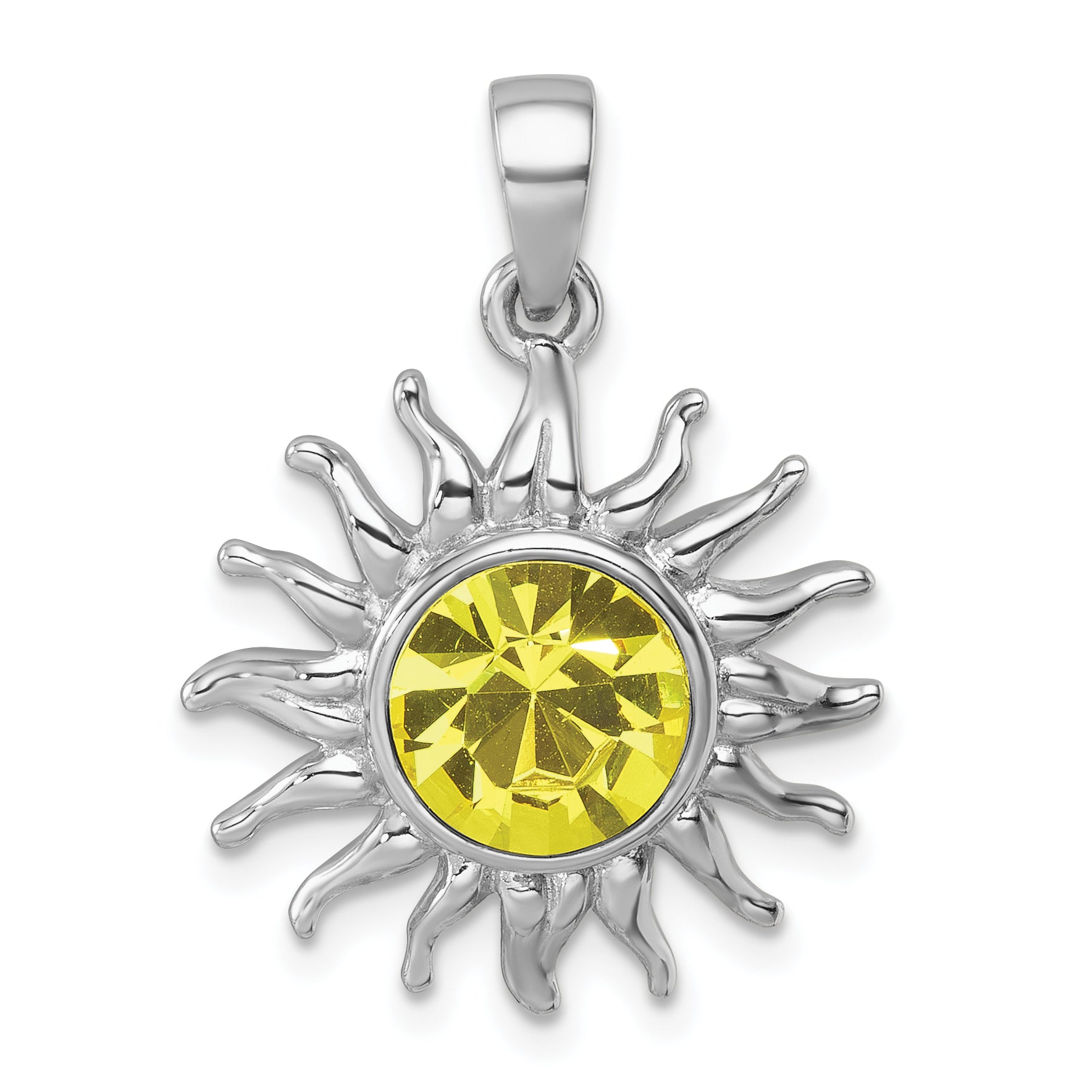 Sterling Silver Rhodium-Plated Polished Yellow Crystal Sun Pendant
