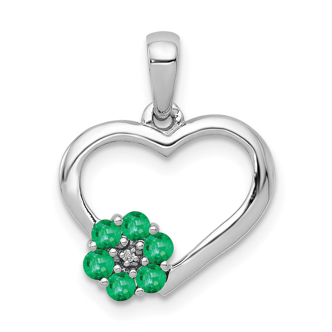 14k White Gold Diamond and Emerald Heart and Flower Pendant