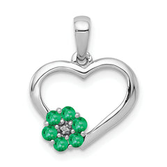 14k White Gold Diamond and Emerald Heart and Flower Pendant