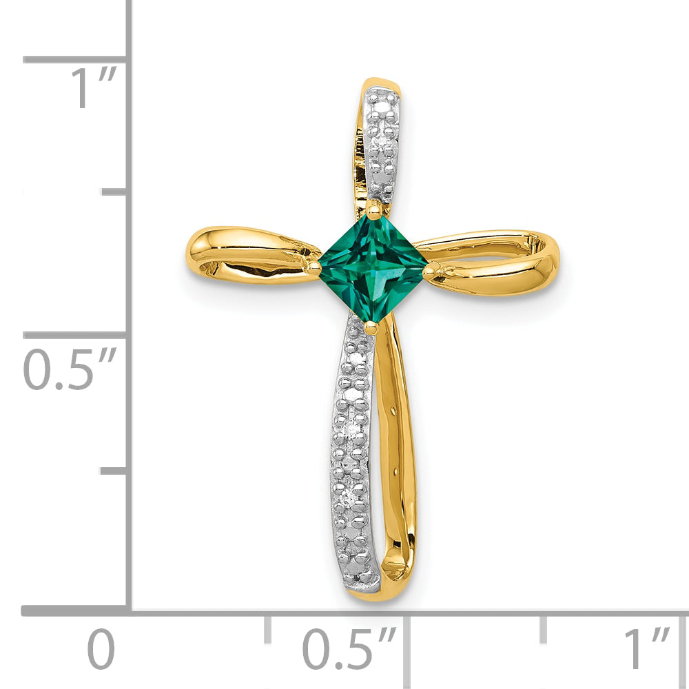 10k w/Rhodium Lab Created Emerald and Diamond Cross Pendant