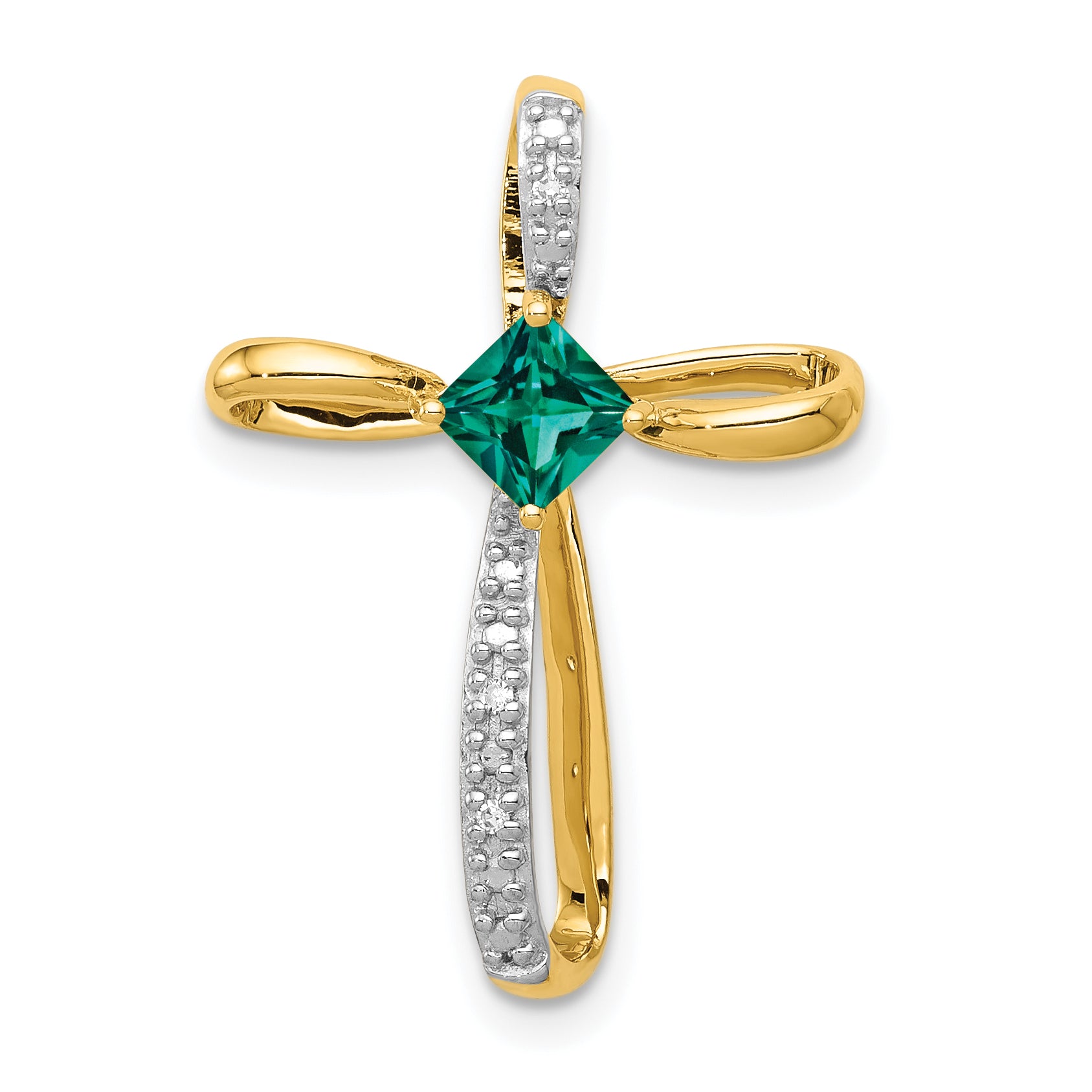 10k w/Rhodium Lab Created Emerald and Diamond Cross Pendant