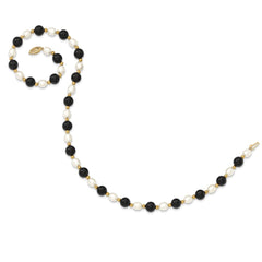 14K Gold Pearl and Onyx Gemstone Necklace Elegant and Polished 17 - 18