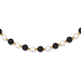 14K Gold Pearl and Onyx Gemstone Necklace Elegant and Polished 17 - 18
