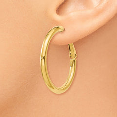 14K Gold Polished Omega Back Hoop Earrings for Women 3x25mm Hollow Design
