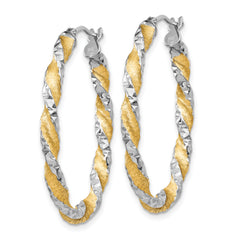 14K White Gold & Yellow Rhodium Twisted Oval Hoop Earrings Polished Diamond-Cut Finish