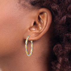 14K White Gold & Yellow Rhodium Twisted Oval Hoop Earrings Polished Diamond-Cut Finish