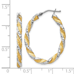 14K White Gold & Yellow Rhodium Twisted Oval Hoop Earrings Polished Diamond-Cut Finish