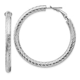 14k 4x35mm White Gold Diamond-cut Round Omega Back Hoop Earrings