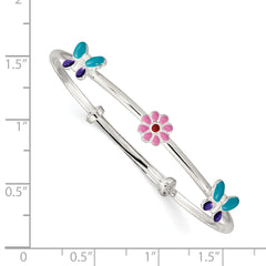 Sterling Silver 925 Children's Bangle with Enamel Flowers & Butterflies, Adjustable & Handcrafted