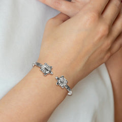 Sterling Silver 925 Turtle Cuff Bangle with Polished Antiqued Finish