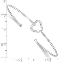Sterling Silver CZ Heart Cuff Bangle Polished Rhodium Plated