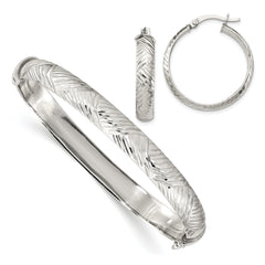 Sterling Silver Diamond Cut 7.5mm Bangle and 5mm Hoop Earring Set