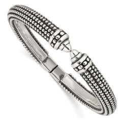 Sterling Silver Polished and Antiqued Beaded Hinged Bangle Bracelet