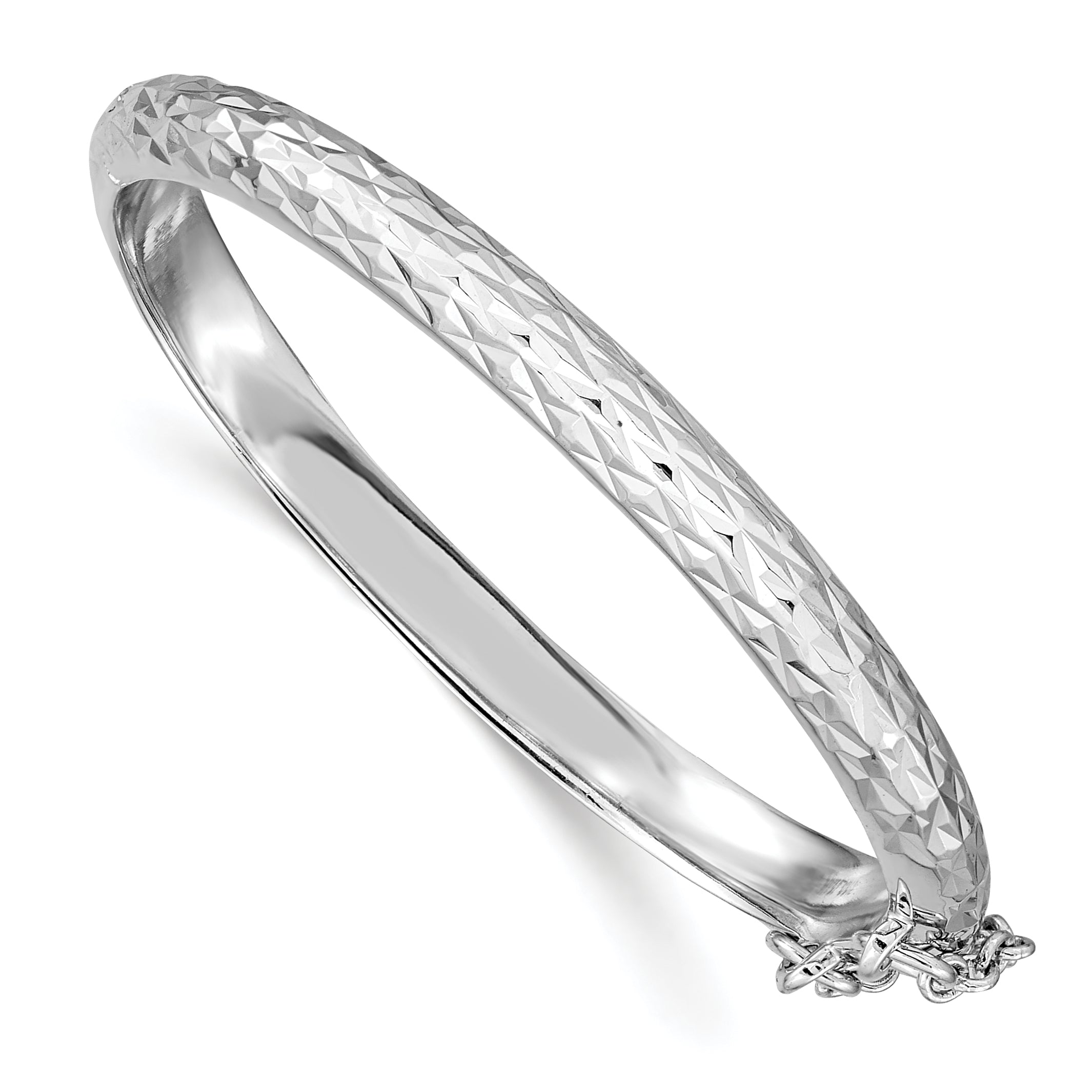 Sterling Silver Rhodium-plated Polished & Diamond-cut 4.5mm with Safety Clasp Hinged Children's Bangle